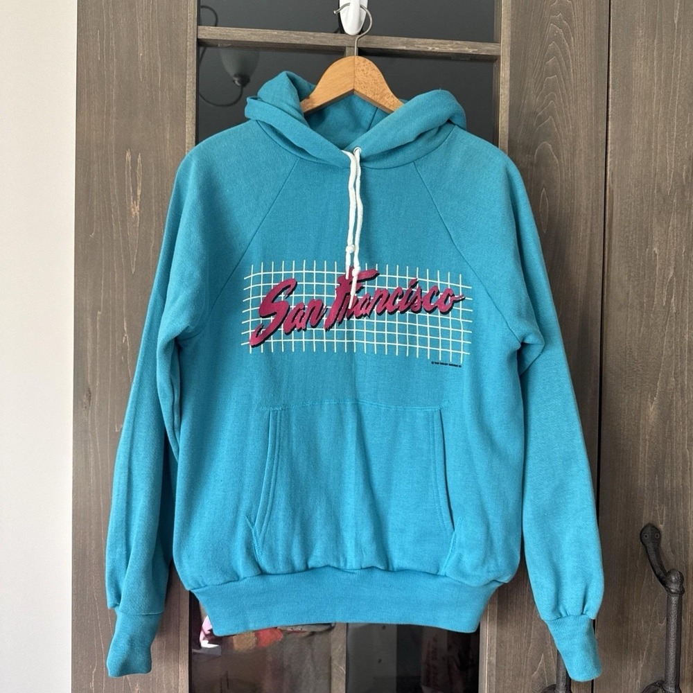 Vintage 80s Wrangler San Francisco Graphic Print Hoodie Unisex M Turquoise Pink